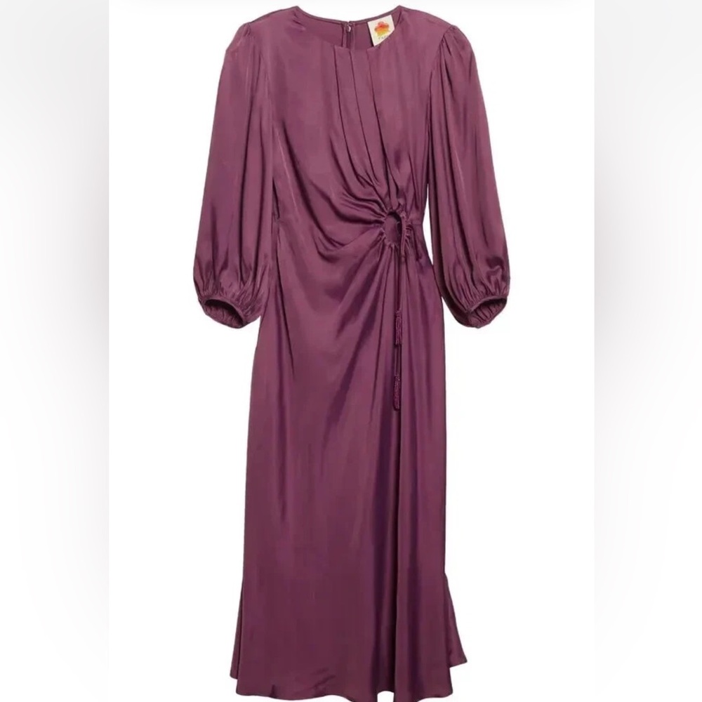 Farm Rio Piping Cutout Balloon Sleeve Dress in purple/burgundy.